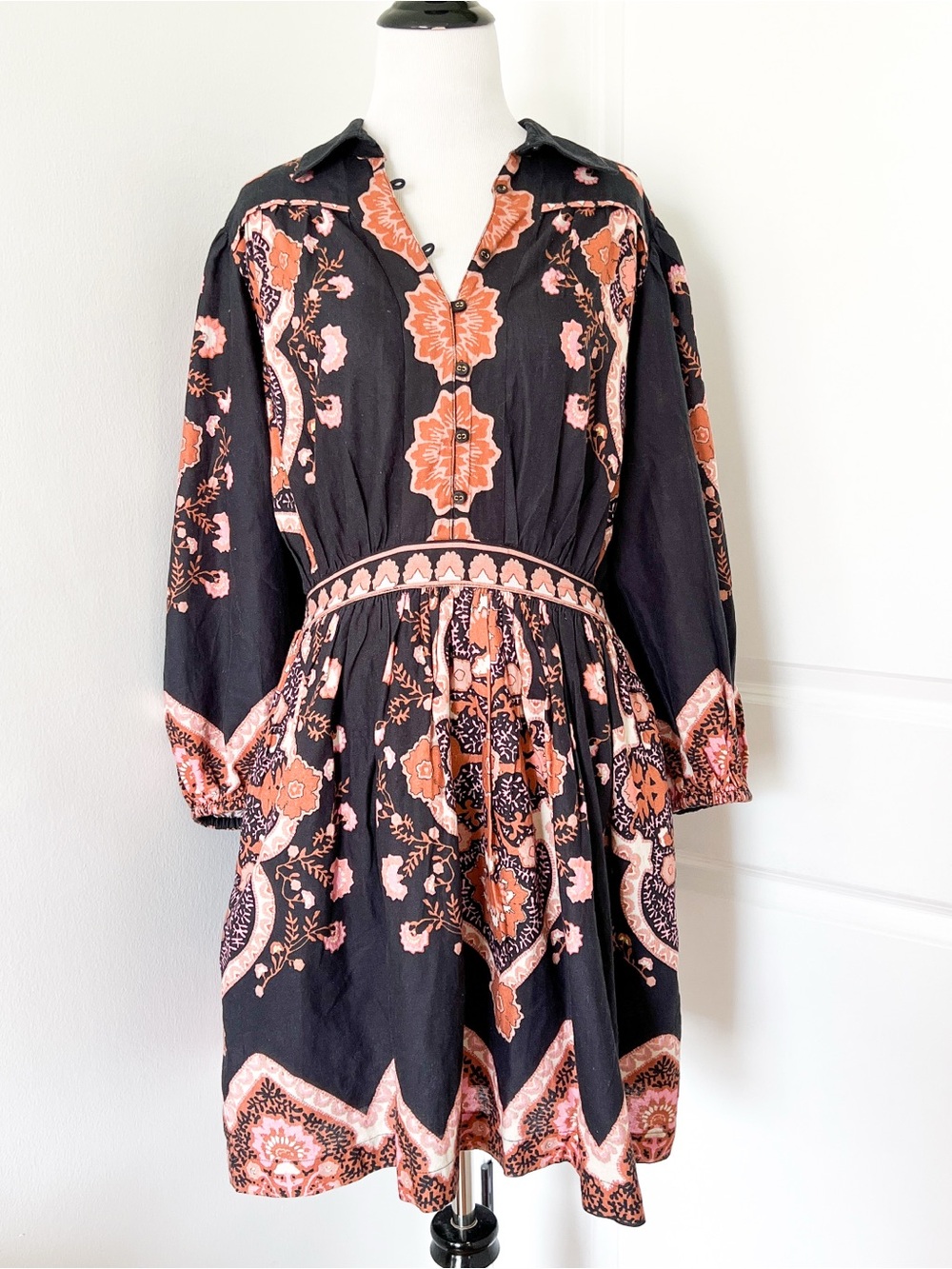 Cleobella Black Floral Button-Front Dress with Orange and Pink Accents - Medium - Picture 2 of 6